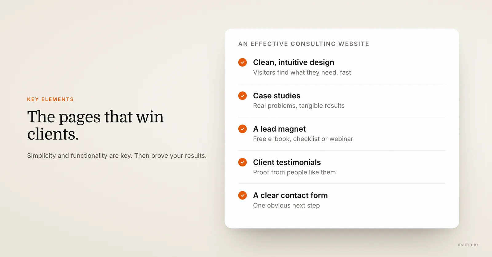 Key elements of an effective consulting website: intuitive design, case studies, lead magnets, testimonials and contact form