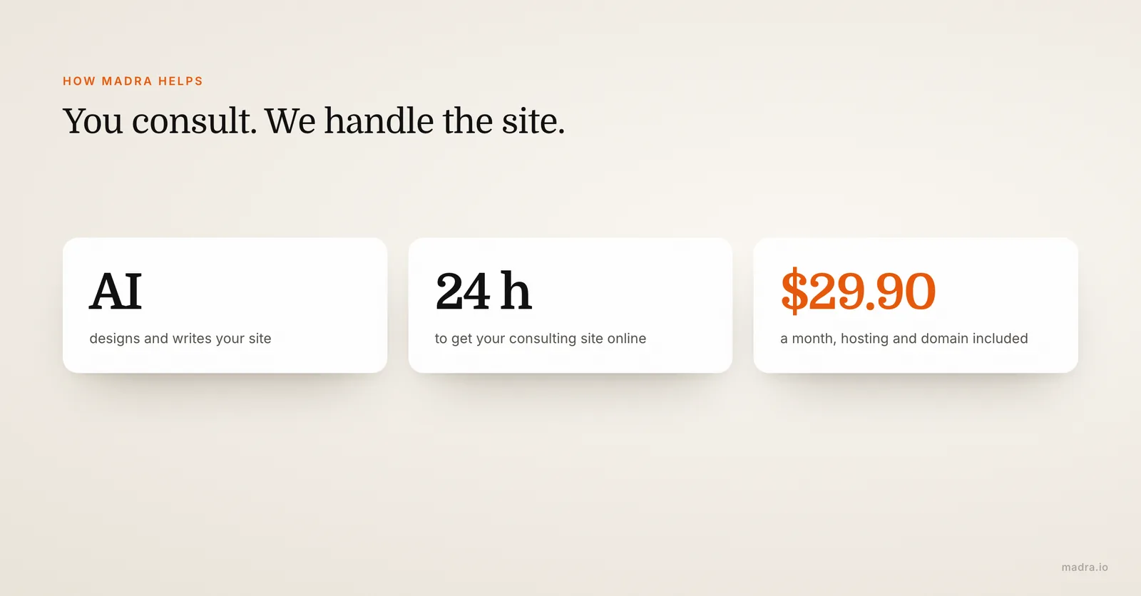 How Madra builds a consulting website: AI-powered design, a subscription from $29.90 a month and delivery in 24 hours