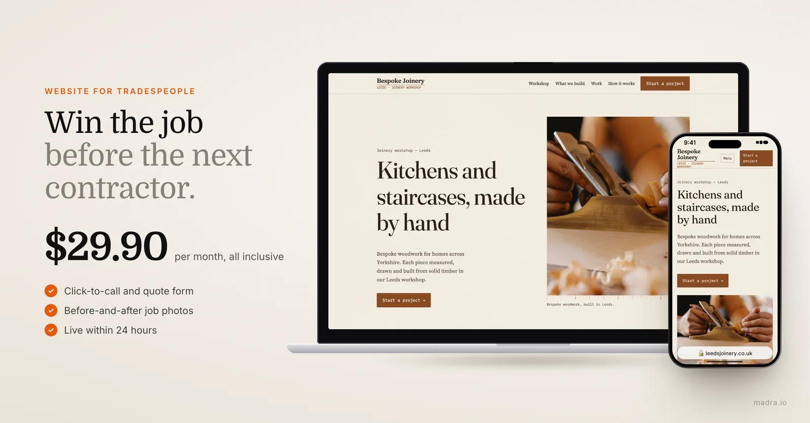 Joiner website on a laptop and iPhone with a quote form and click-to-call button, built by Madra in 24 hours