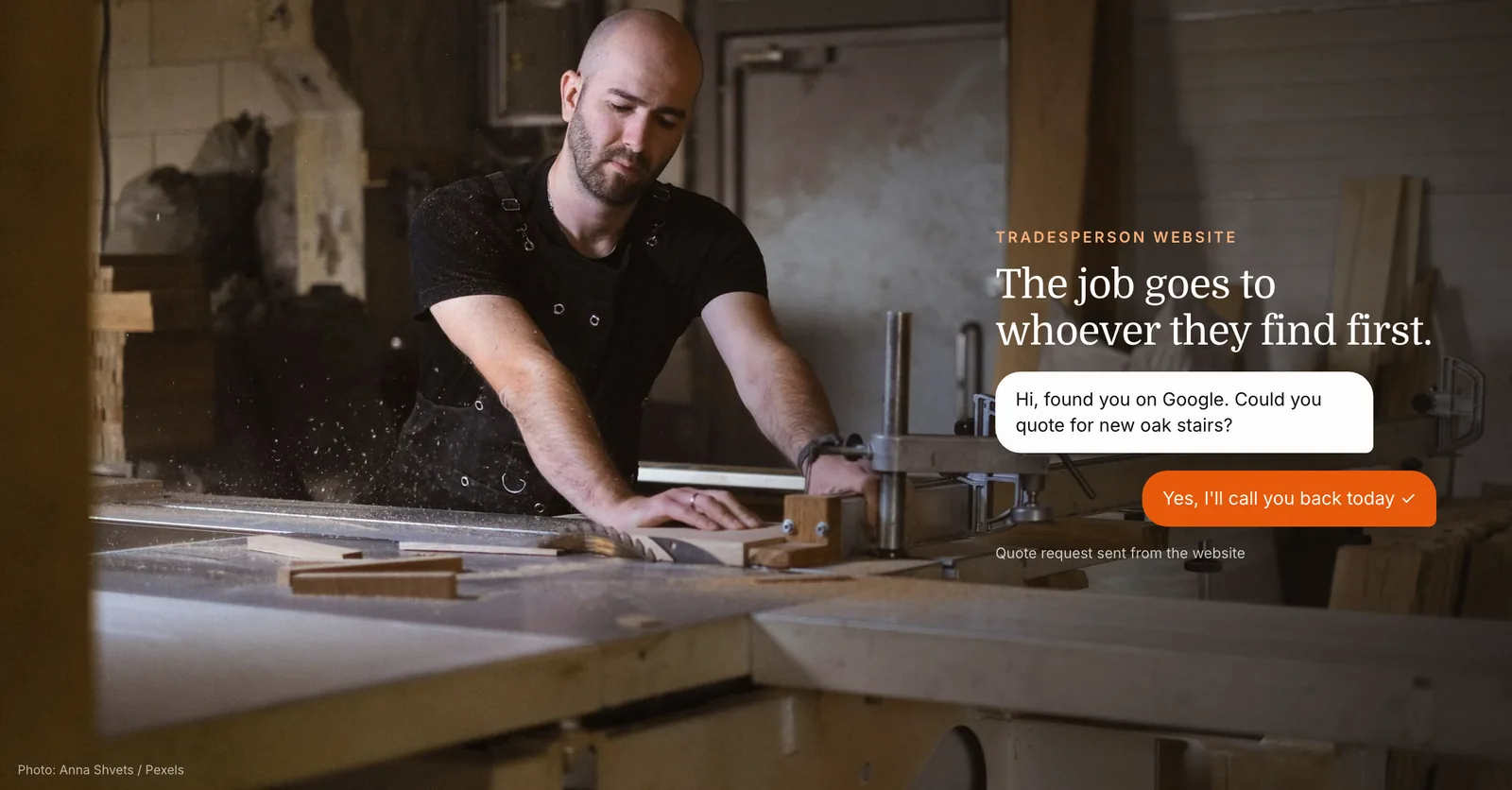Joiner cutting wood in his workshop while a customer sends a quote request through his website