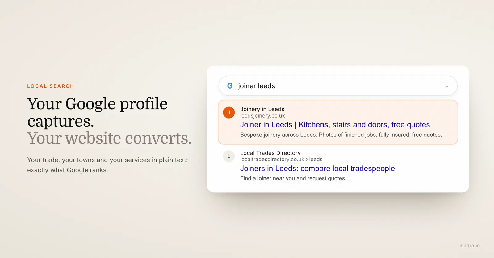Simulated Google result for joiner Leeds, with a local joiner's website ranking first above a trades directory