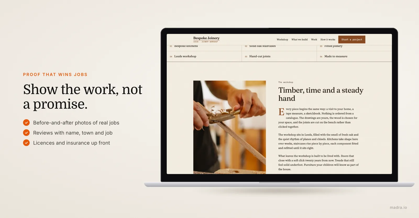 Joiner website on a laptop showing before-and-after photos of finished jobs, customer reviews and credentials