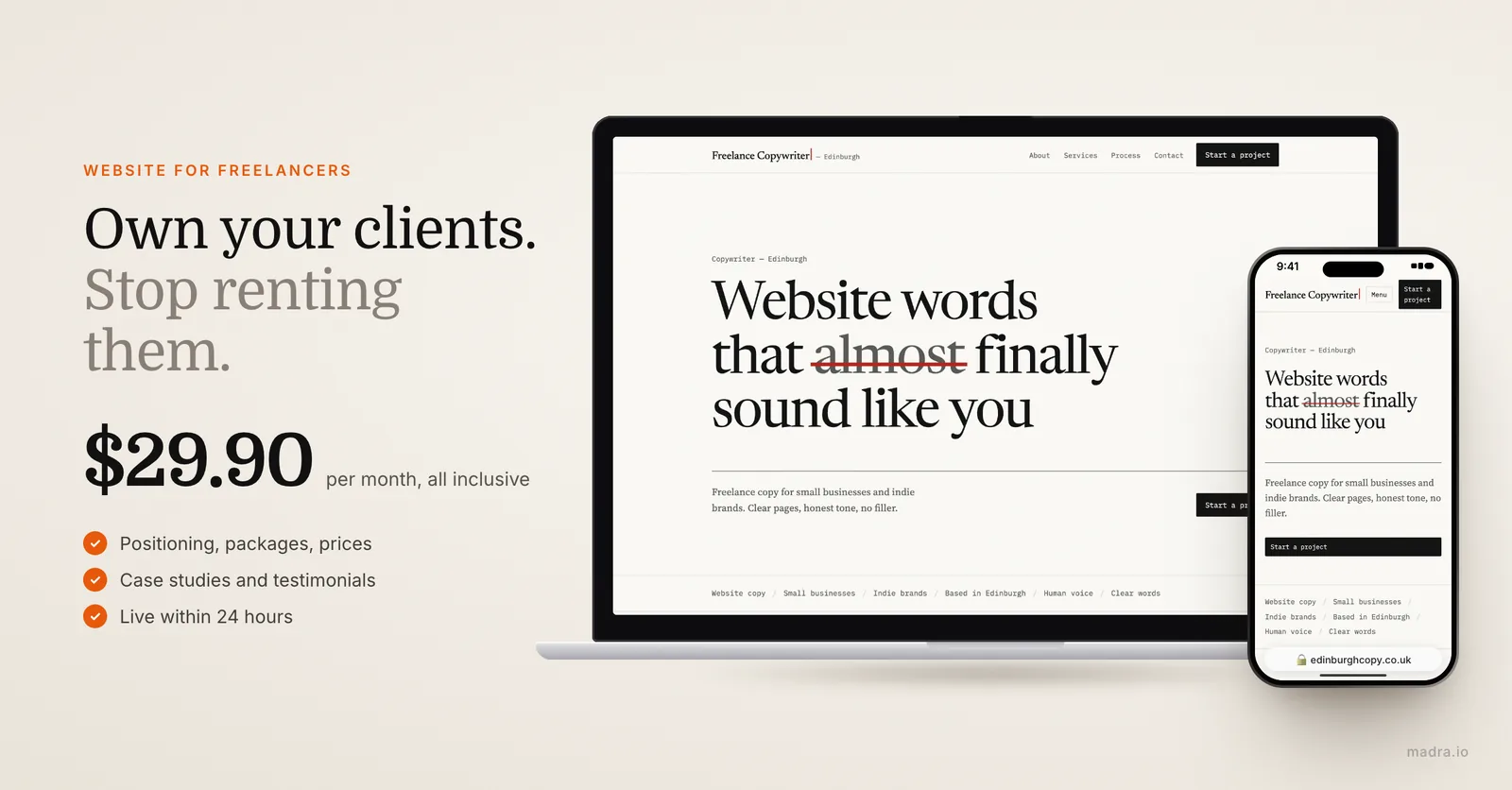 Freelance copywriter website on a laptop and iPhone with packages and case studies, built by Madra in 24 hours