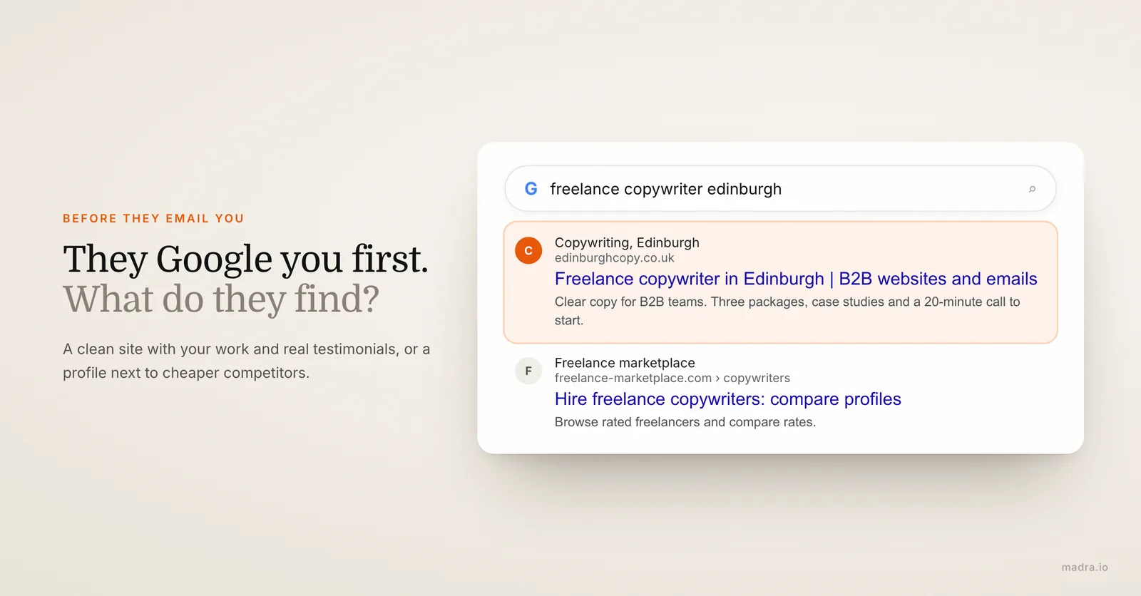 Simulated Google result for freelance copywriter Edinburgh, with the freelancer's own website ranking above a marketplace