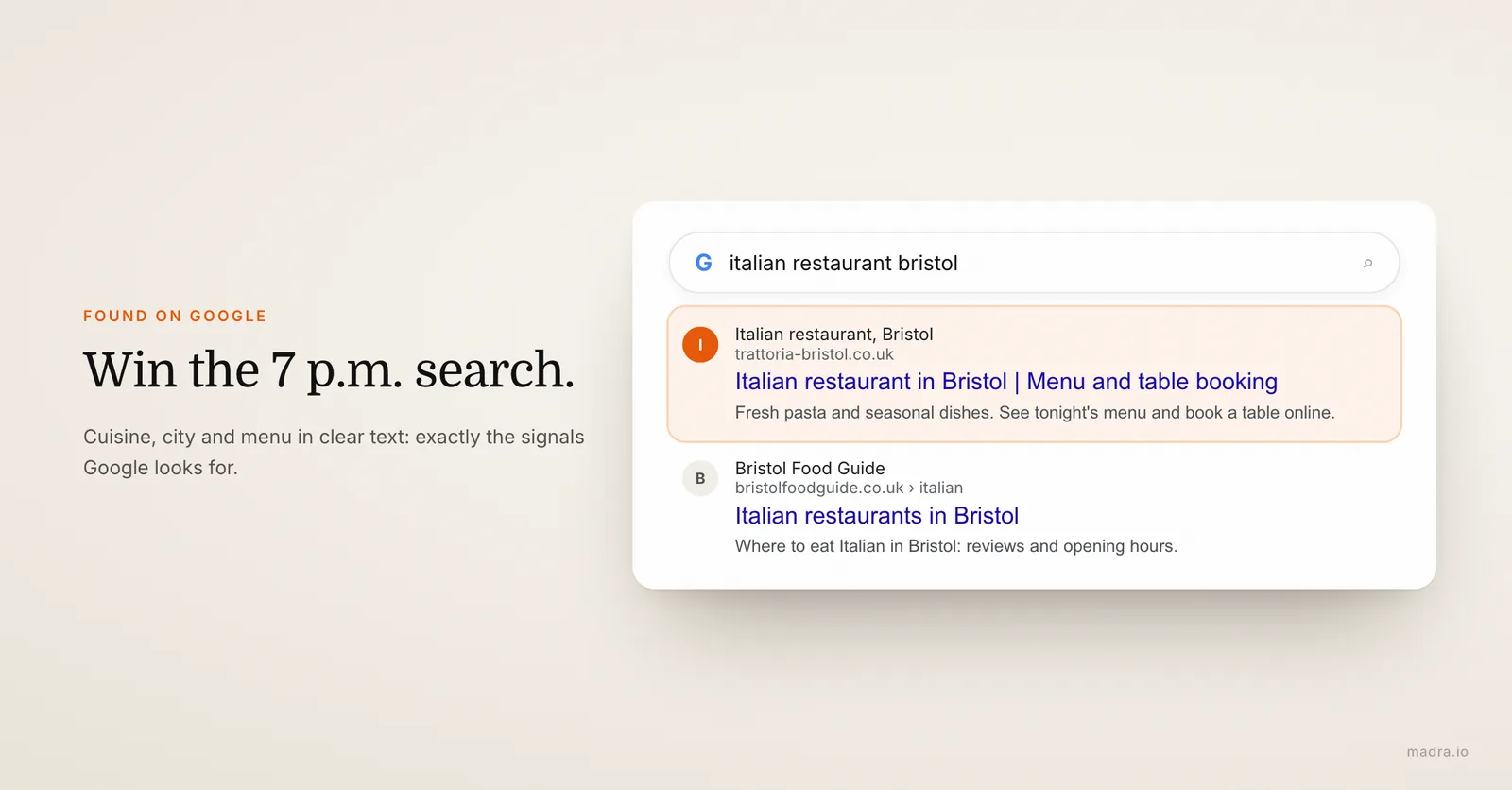 Simulated Google result for Italian restaurant Bristol, with the restaurant's own website ranking first