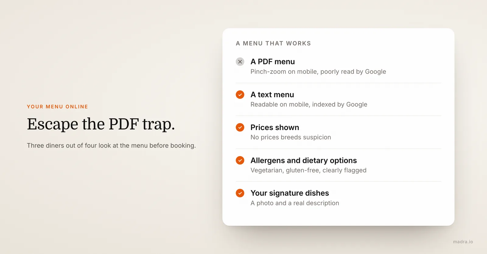 Checklist for a restaurant menu online: text instead of PDF, prices shown, categories, allergens and signature dishes