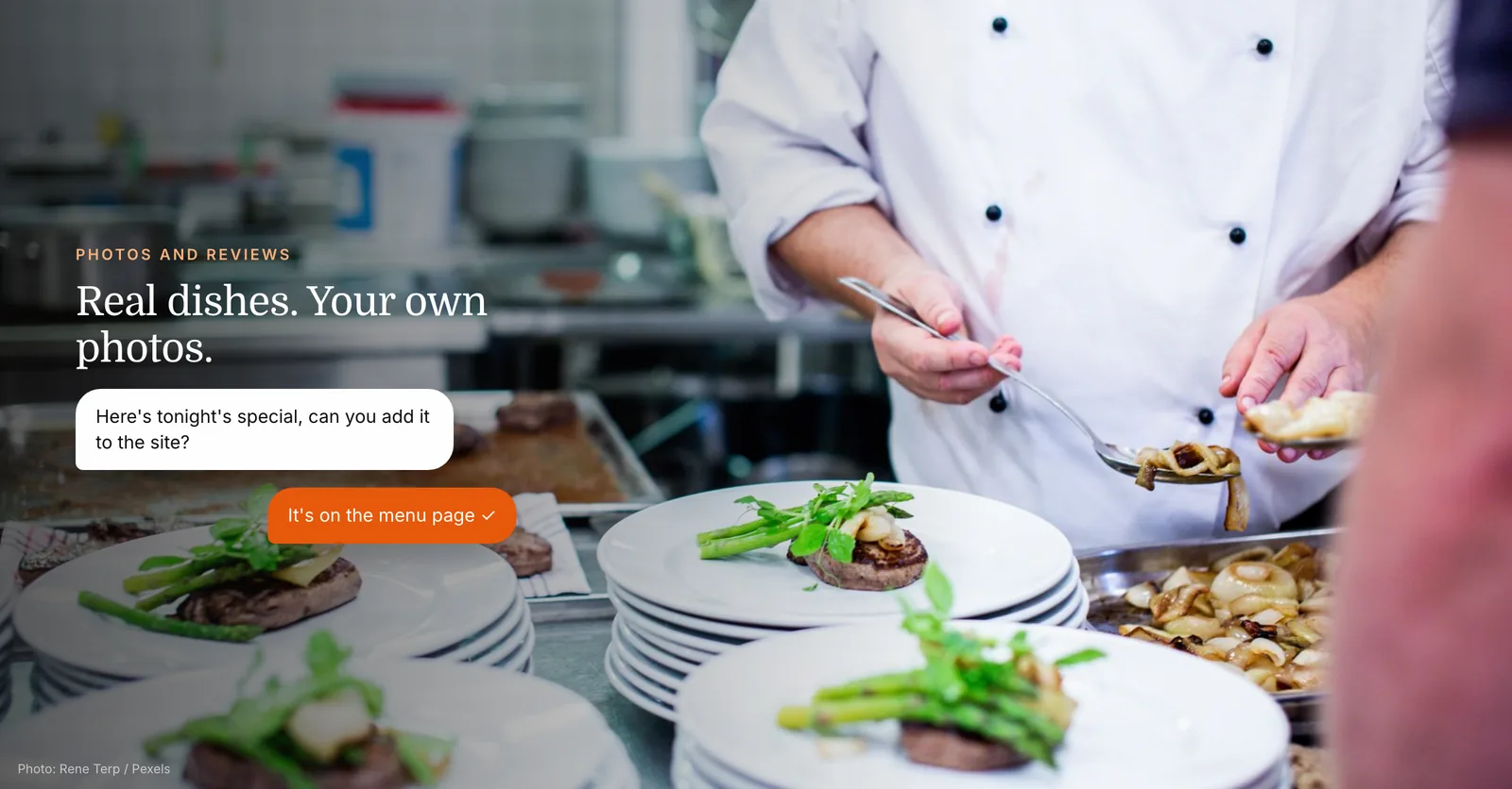 Chef plating dishes in a restaurant kitchen while sending a photo of tonight's special to be added to the website