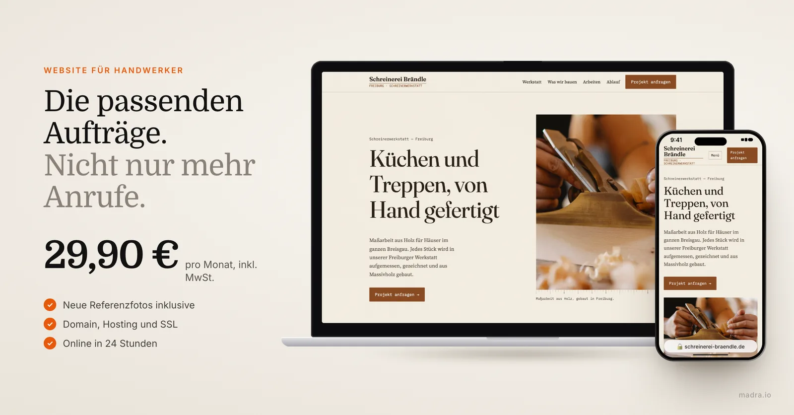 Website einer Schreinerei in Freiburg auf dem Laptop und dem iPhone: Website für Handwerker ab 29,90 € im Monat