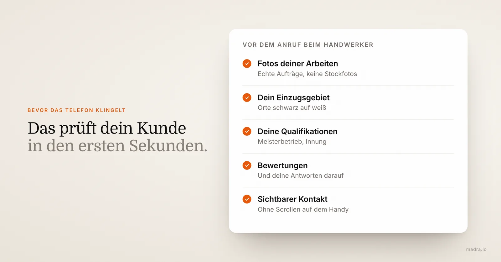 Checkliste, was Kunden vor dem Anruf beim Handwerker prüfen: Fotos, Einzugsgebiet, Meisterbrief, Bewertungen, Kontakt