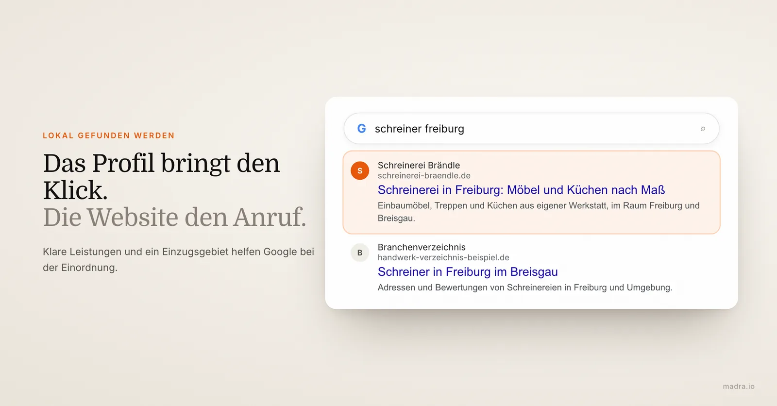 Google-Suche nach einem Schreiner in Freiburg mit der Website einer Schreinerei an erster Stelle der Ergebnisse