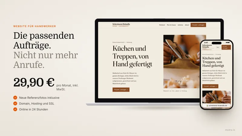Website einer Schreinerei mit Referenzfotos und Anruf-Button auf dem Smartphone