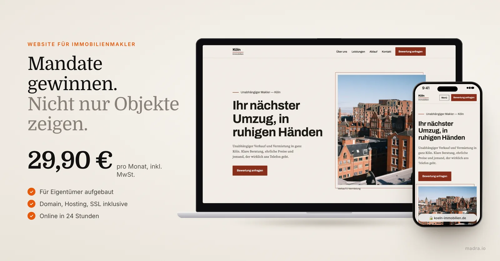 Website eines Immobilienmaklers aus Köln auf dem Laptop und dem iPhone: Makler-Website für mehr Verkaufsmandate, ab 29,90 €