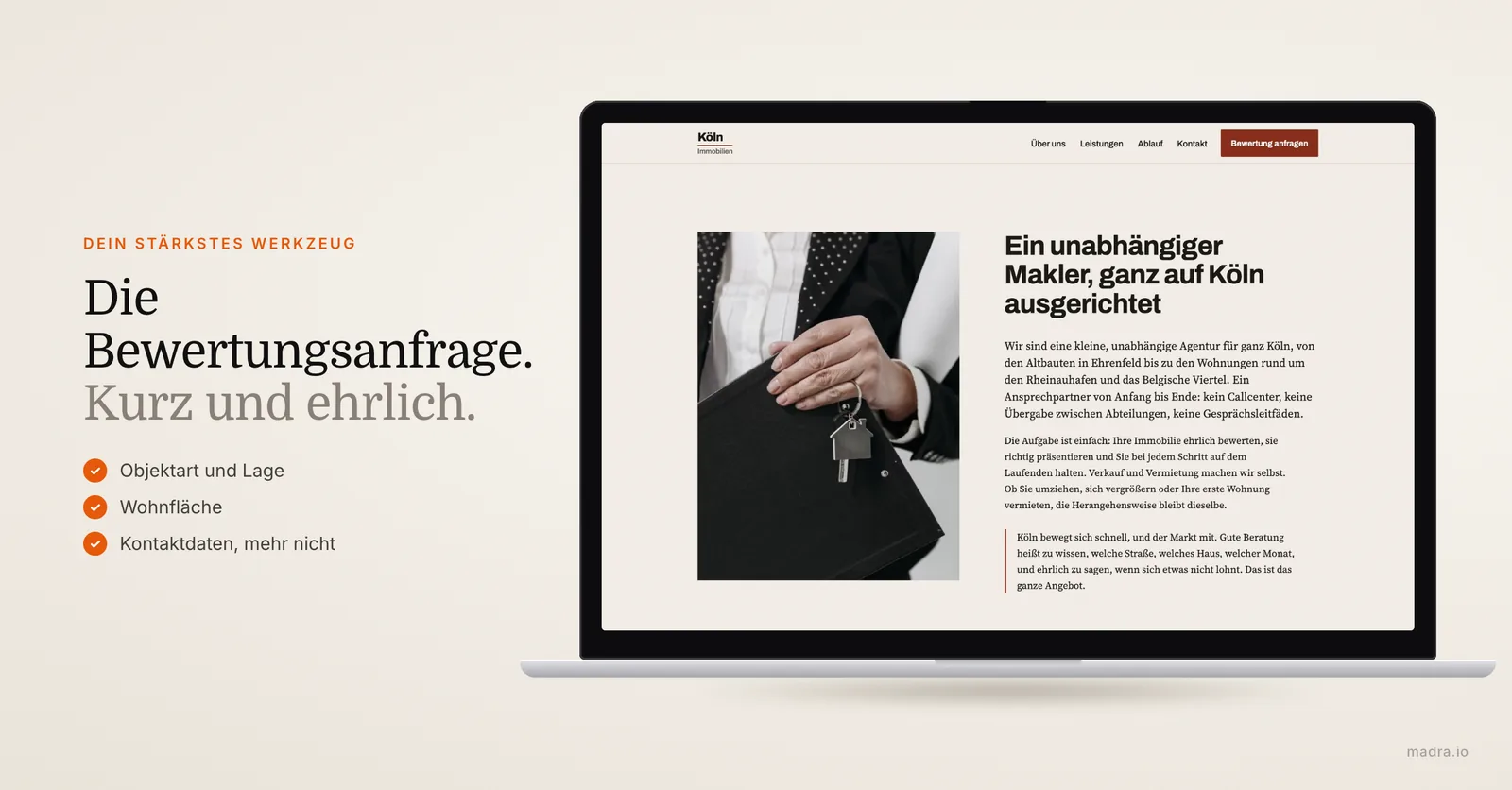 Zweite Seite einer Makler-Website aus Köln auf dem Laptop mit den Punkten einer guten Bewertungsanfrage