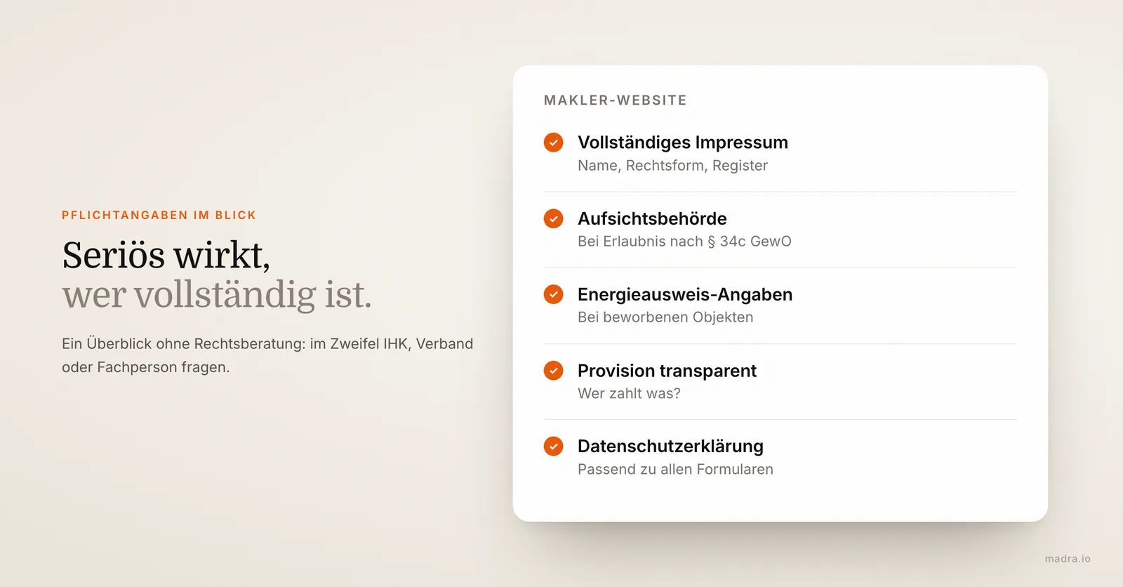 Checkliste der Pflichtangaben auf einer Makler-Website: Impressum mit Aufsichtsbehörde, Energieausweis-Angaben, Datenschutz