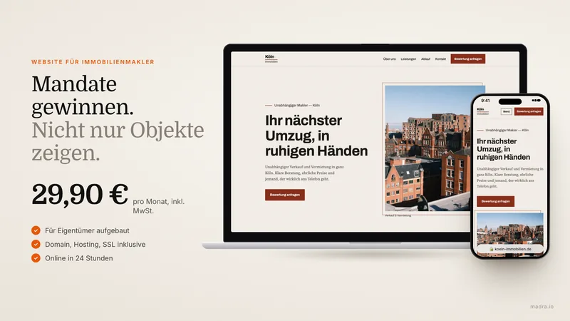 Website eines Immobilienmaklers aus Köln mit Objekten und Bewertungsanfrage