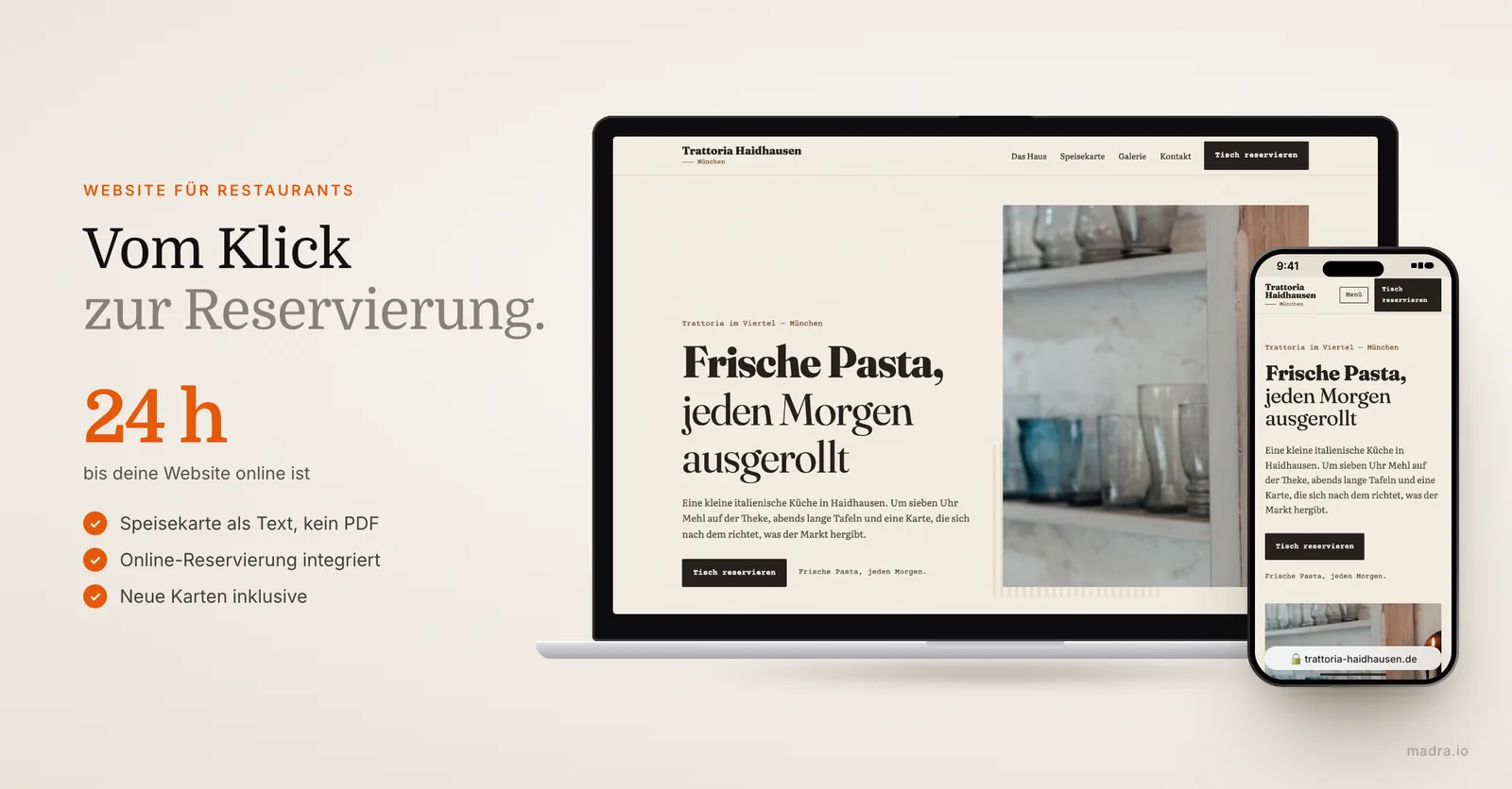 Website einer Trattoria in München auf Laptop und iPhone mit Speisekarte und Reservierung: Restaurant-Website ab 29,90 €