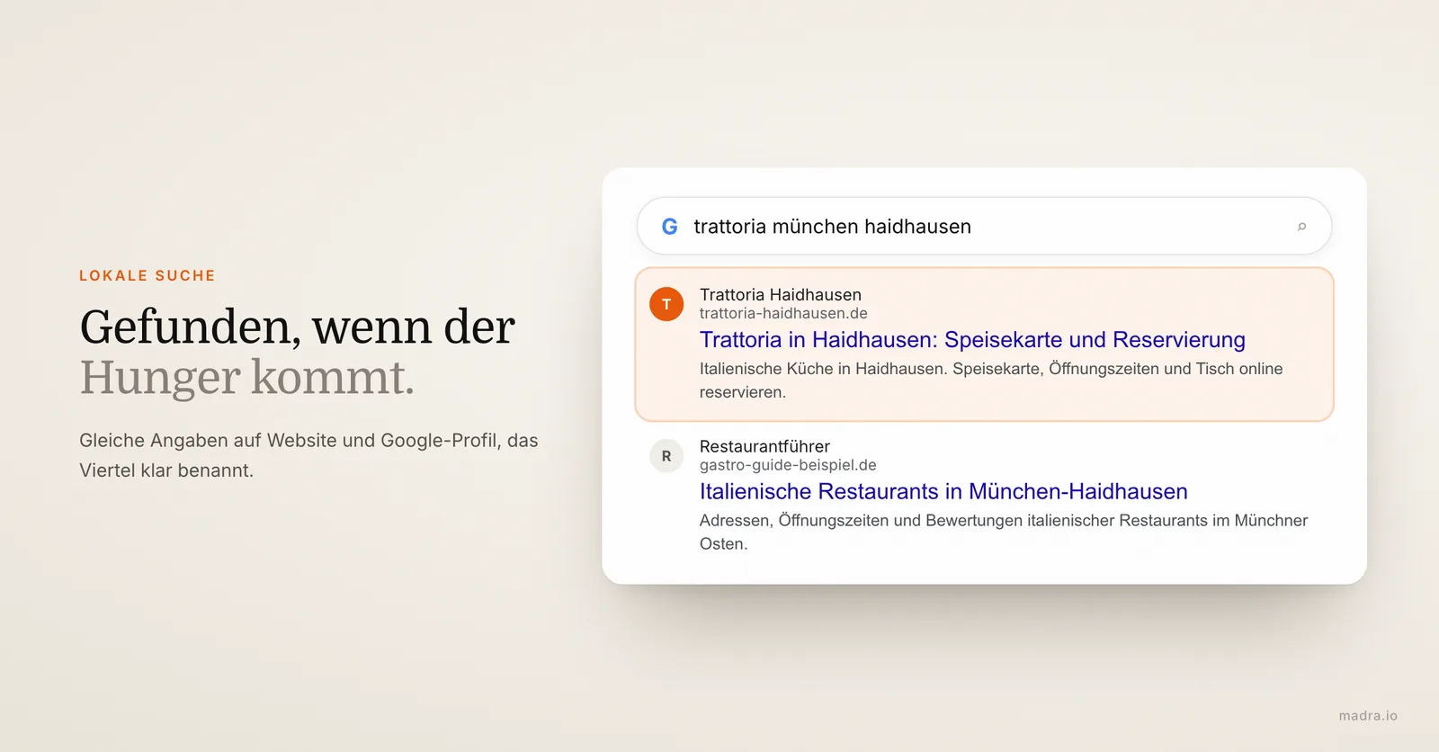 Google-Suche nach einer Trattoria in München mit der Website des Restaurants und seinen Öffnungszeiten