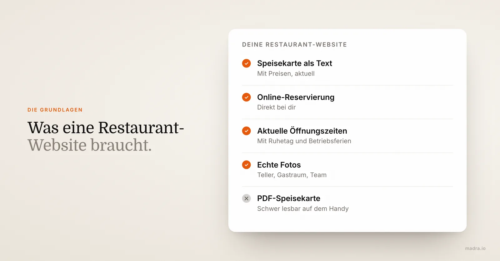 Checkliste für eine Restaurant-Website: Speisekarte als Text, Reservierung, Öffnungszeiten, echte Fotos, kein PDF