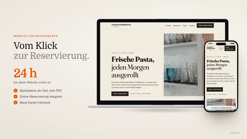Website einer Trattoria auf dem Smartphone mit Speisekarte und Reservierungsbutton