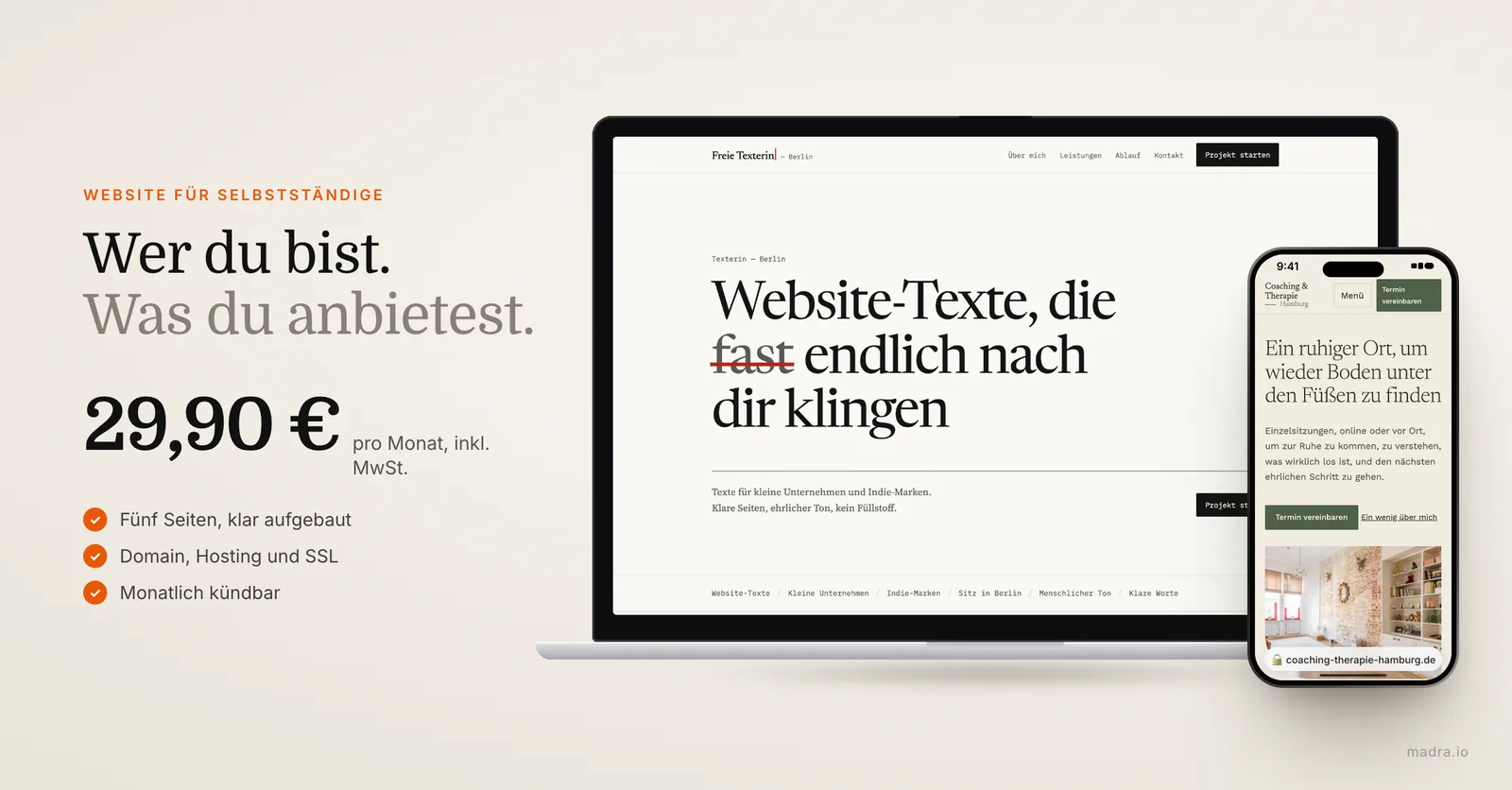 Website einer Texterin aus Berlin auf dem Laptop und eines Coachings aus Hamburg auf dem iPhone: Website für Selbstständige
