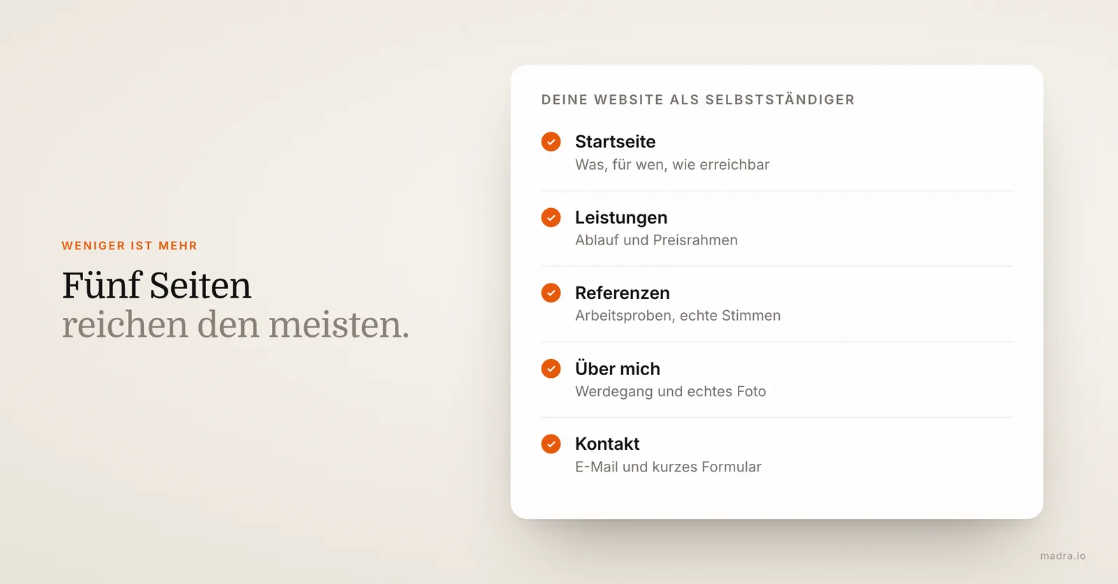 Die 5 Seiten einer Website für Selbstständige: Startseite, Leistungen, Referenzen, Über mich und Kontakt