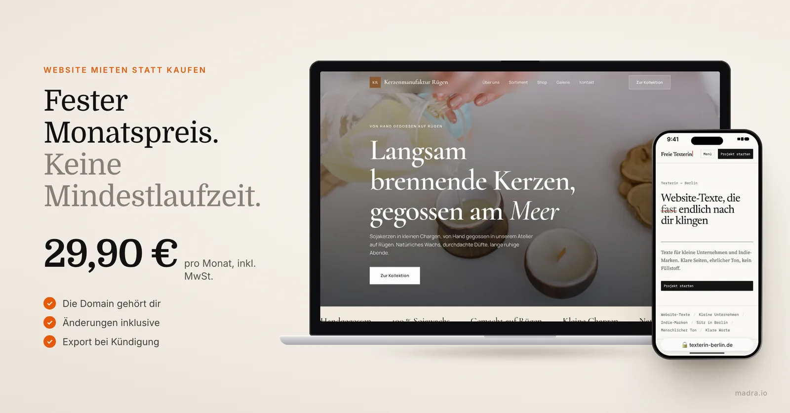 Website einer Kerzenmanufaktur auf dem Laptop und einer Texterin auf dem iPhone: Website mieten ab 29,90 € im Monat