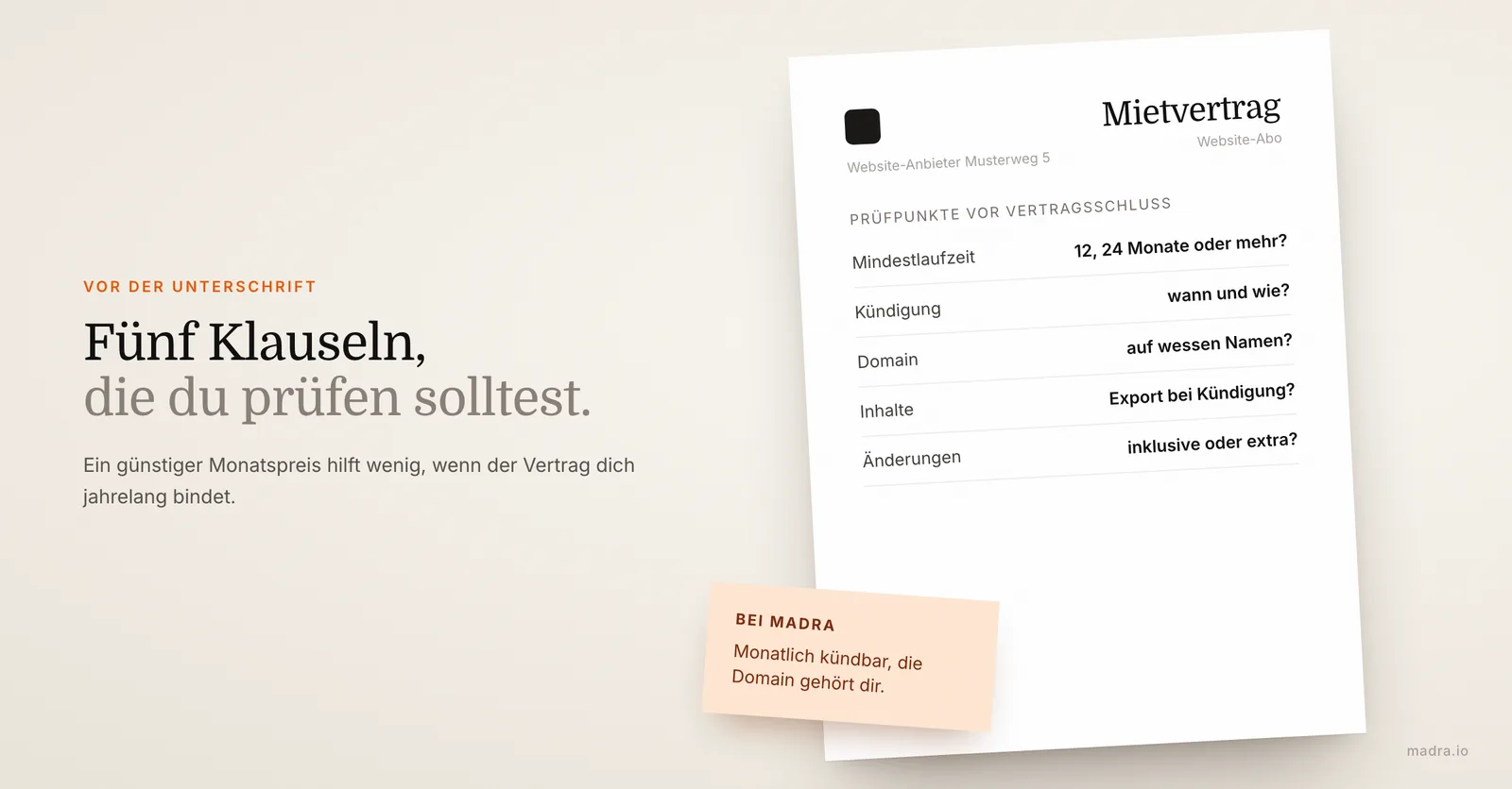 Mietvertrag für eine Website mit den Punkten, die du prüfen solltest: Laufzeit, Kündigung, Domain, Inhalte und Änderungen