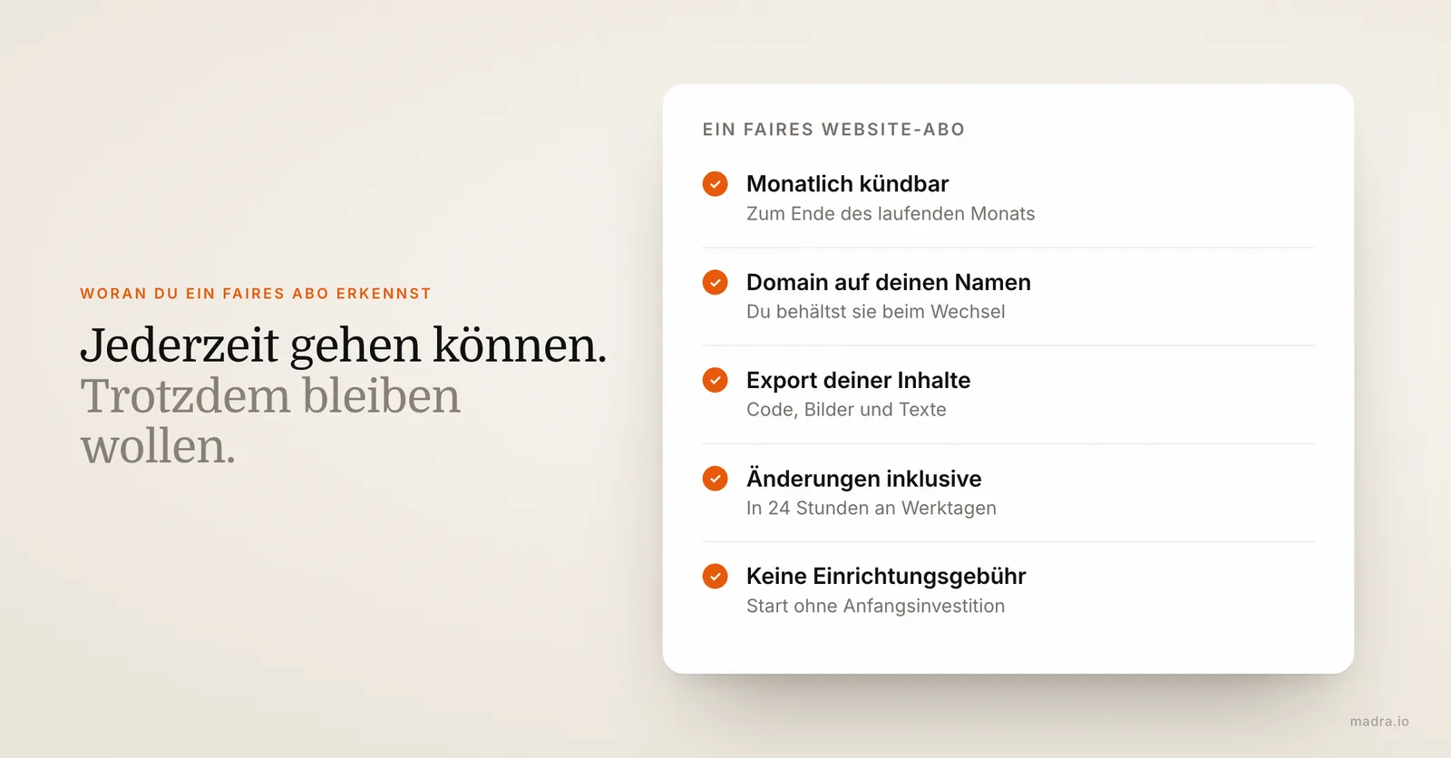 Checkliste für ein gutes Website-Abo: monatlich kündbar, Domain gehört dir, Export der Inhalte, Änderungen inklusive