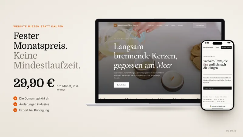 Website im Monatsabo: Kalender und fester Monatspreis neben einer fertigen Website