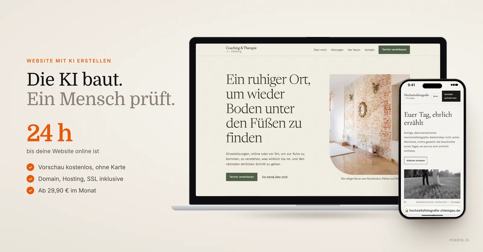 Mit KI erstellte Website eines Coachings auf dem Laptop und eines Hochzeitsfotografen auf dem iPhone, in 24 Stunden online
