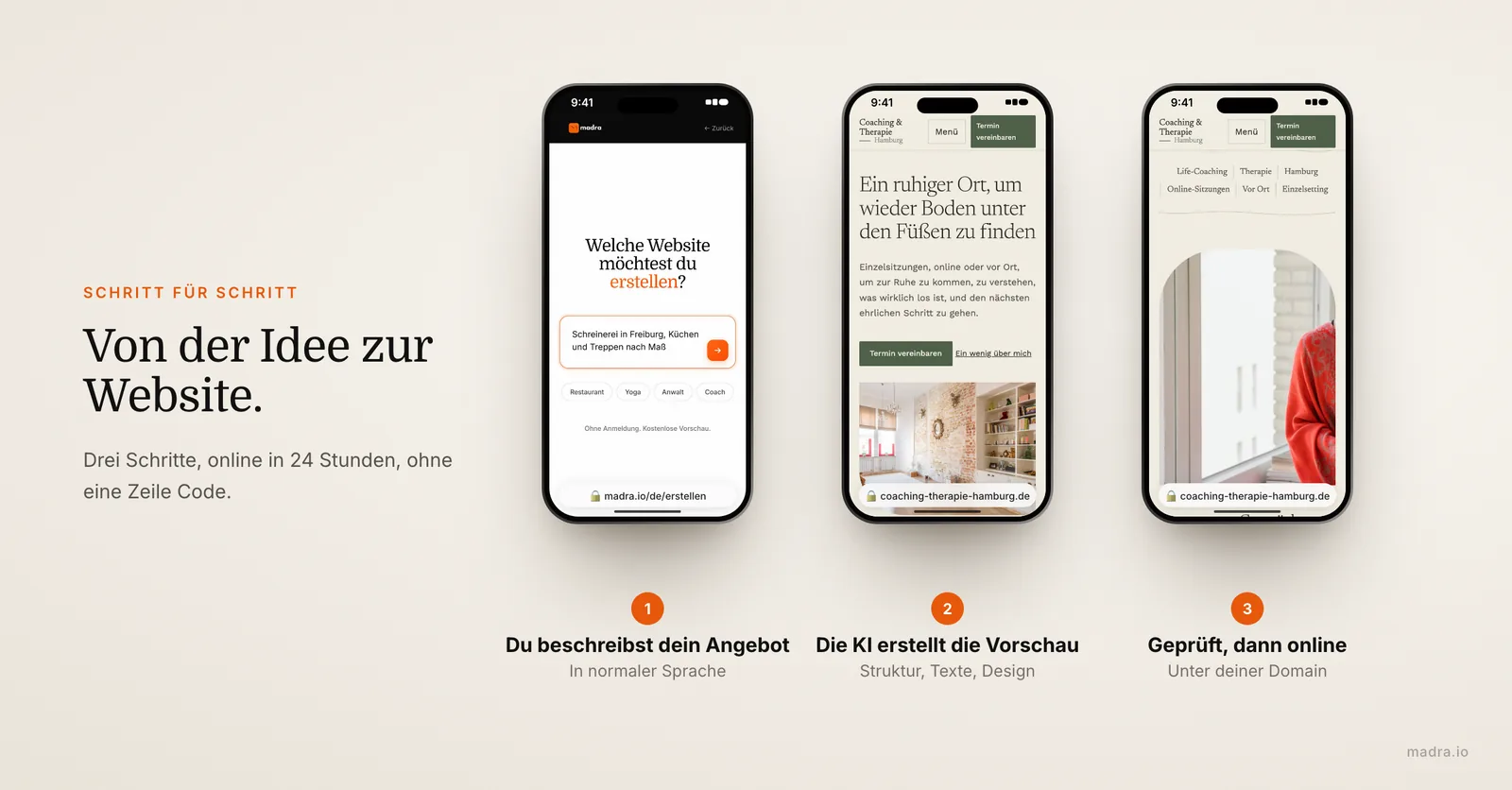Drei Schritte zur Website mit KI auf dem iPhone: Unternehmen beschreiben, Vorschau, Prüfung und Veröffentlichung