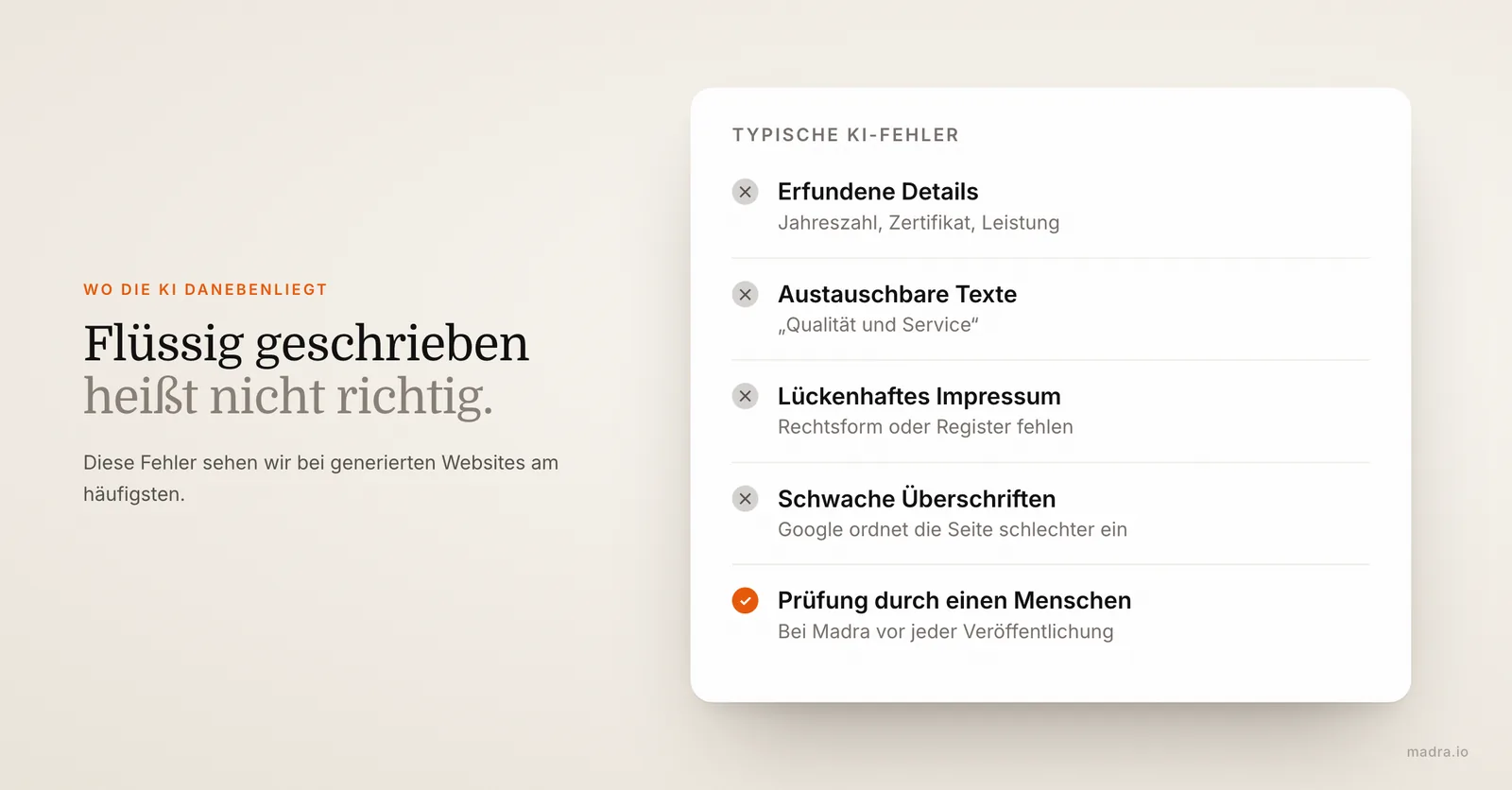 Checkliste typischer KI-Fehler auf Websites: erfundene Angaben, austauschbare Texte, lückenhaftes Impressum