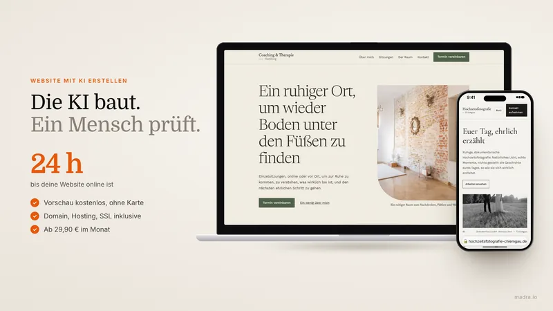 Website mit KI erstellen: generierte Website eines Coachings auf Laptop und Smartphone