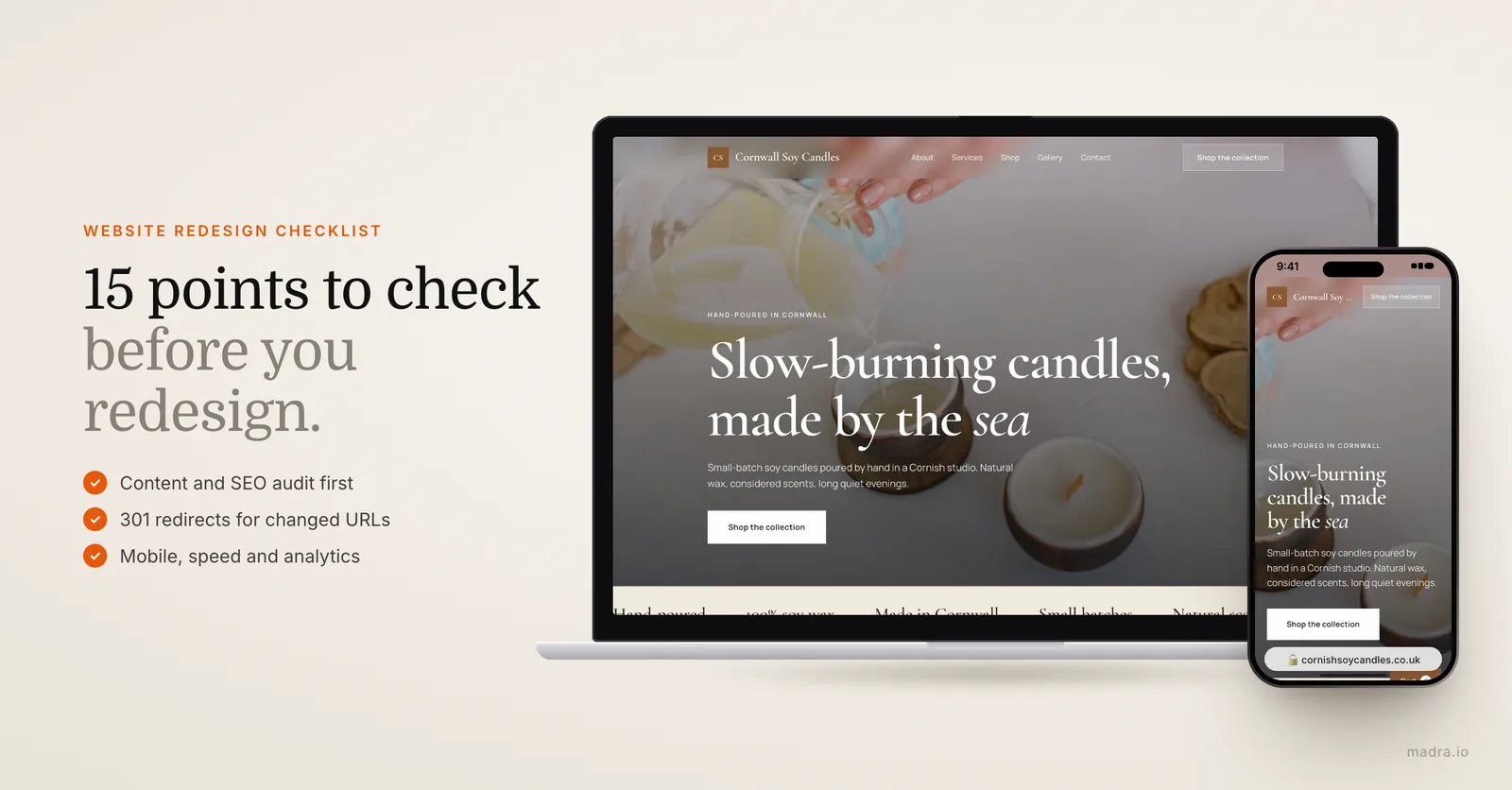 Redesigned candle shop website on a laptop and iPhone, illustrating a 15-point website redesign checklist
