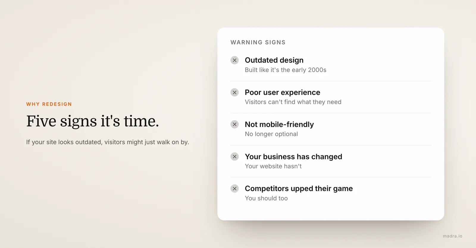 Five signs it is time to redesign a website: outdated design, poor user experience, not mobile-friendly, new branding