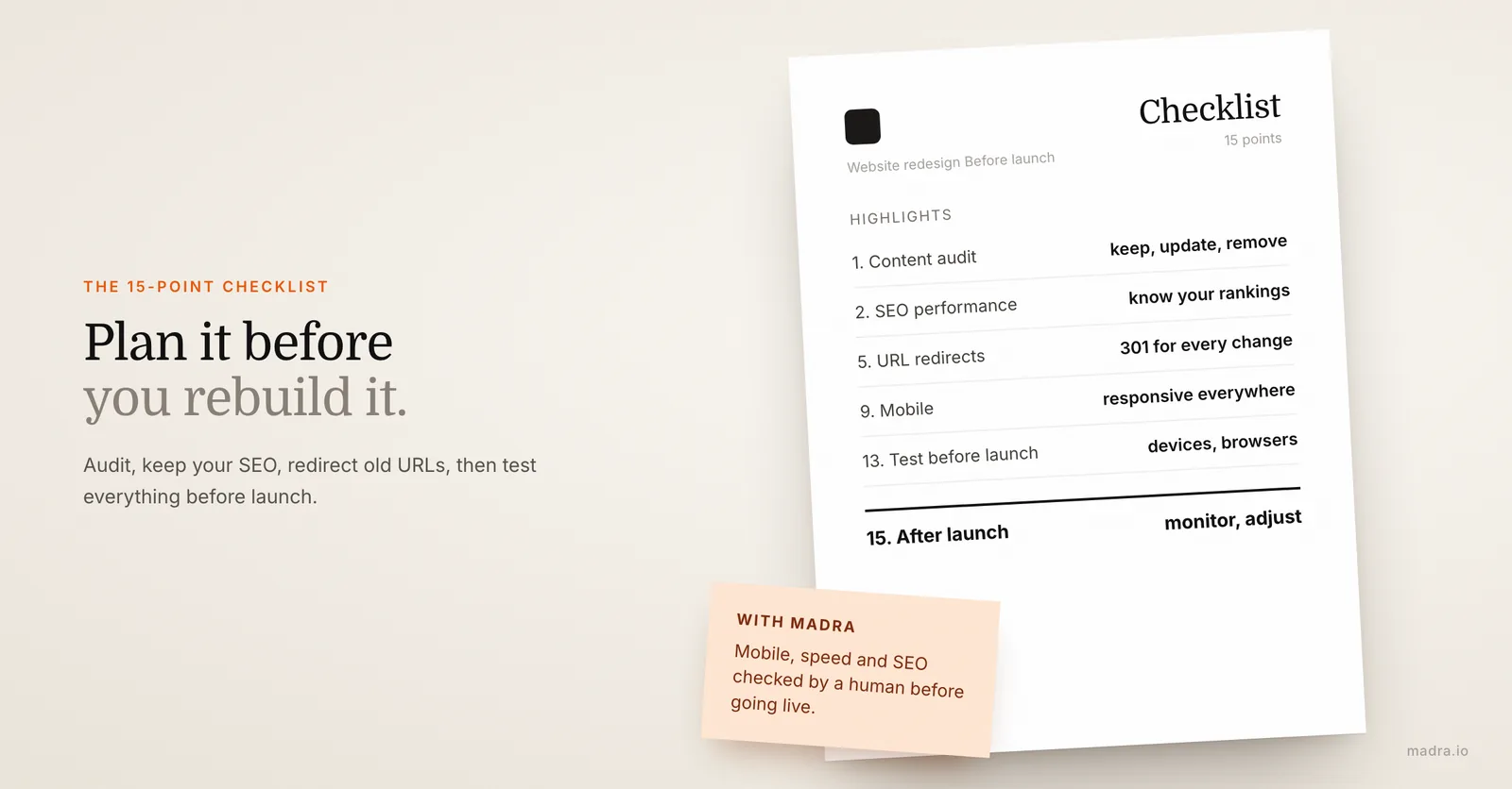 Website redesign checklist on paper: content audit, SEO, 301 redirects, mobile, speed, testing and post-launch monitoring