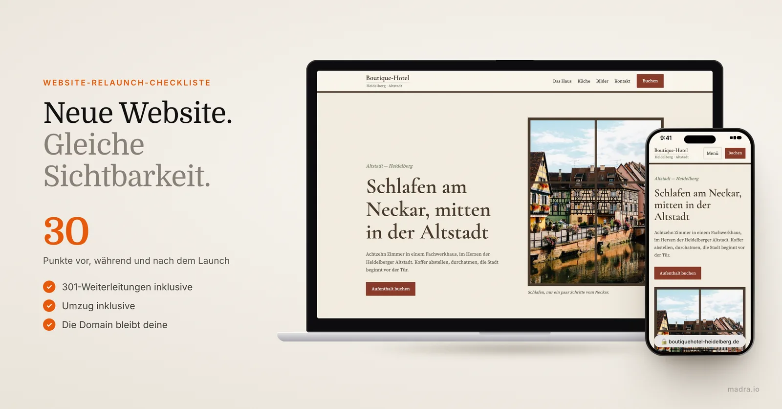 Neue Website eines Hotels in Heidelberg auf dem Laptop und dem iPhone: Website-Relaunch-Checkliste mit 30 Punkten