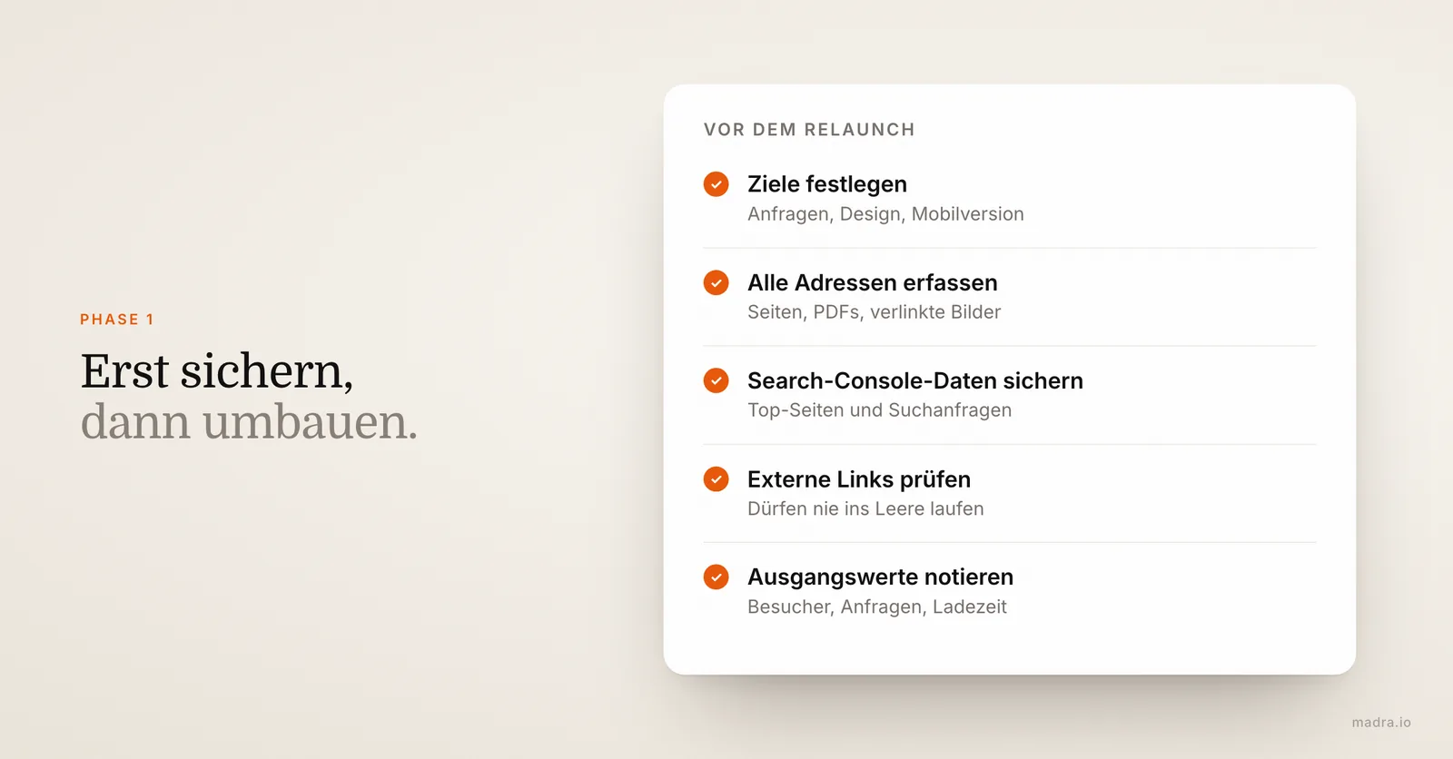 Checkliste vor dem Relaunch: Ziele festlegen, alle Adressen erfassen, Search-Console-Daten sichern, Links prüfen
