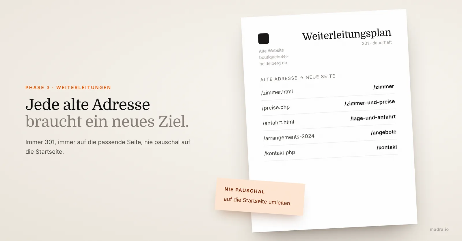 Weiterleitungsplan für einen Relaunch: alte Adressen per 301 auf die passende neue Seite, nicht auf die Startseite