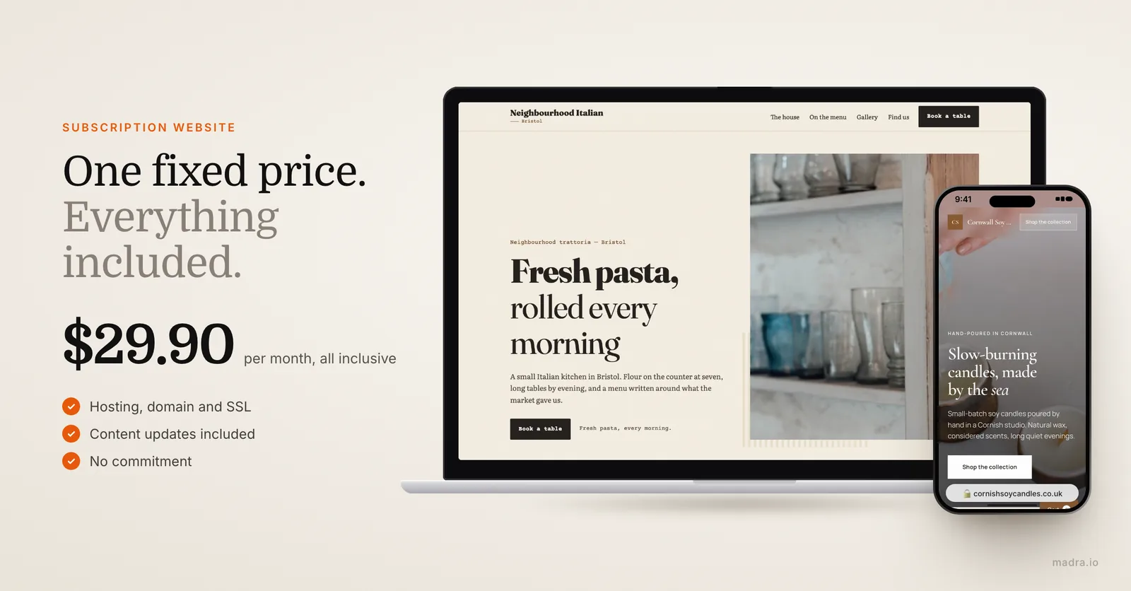Restaurant website on a laptop and candle shop website on an iPhone, subscription website at $29.90 a month all inclusive