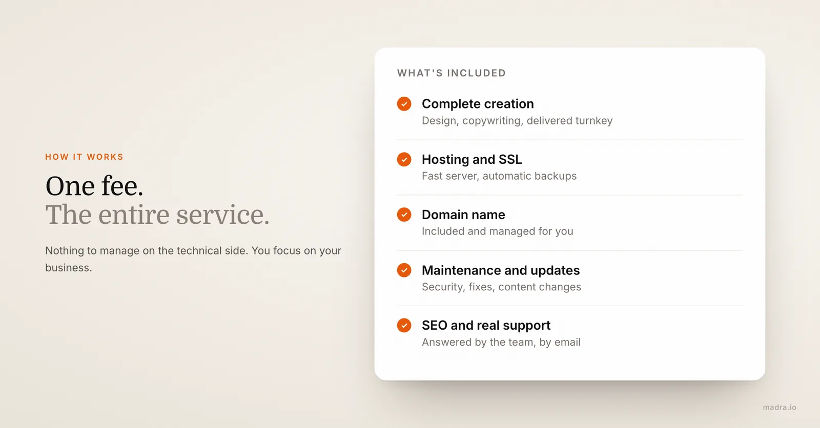 Everything included in a website subscription: creation, hosting, domain name, maintenance, content updates and SEO