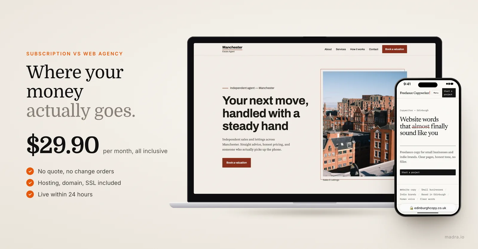Estate agent website on a laptop and copywriter website on an iPhone, subscription versus web agency compared