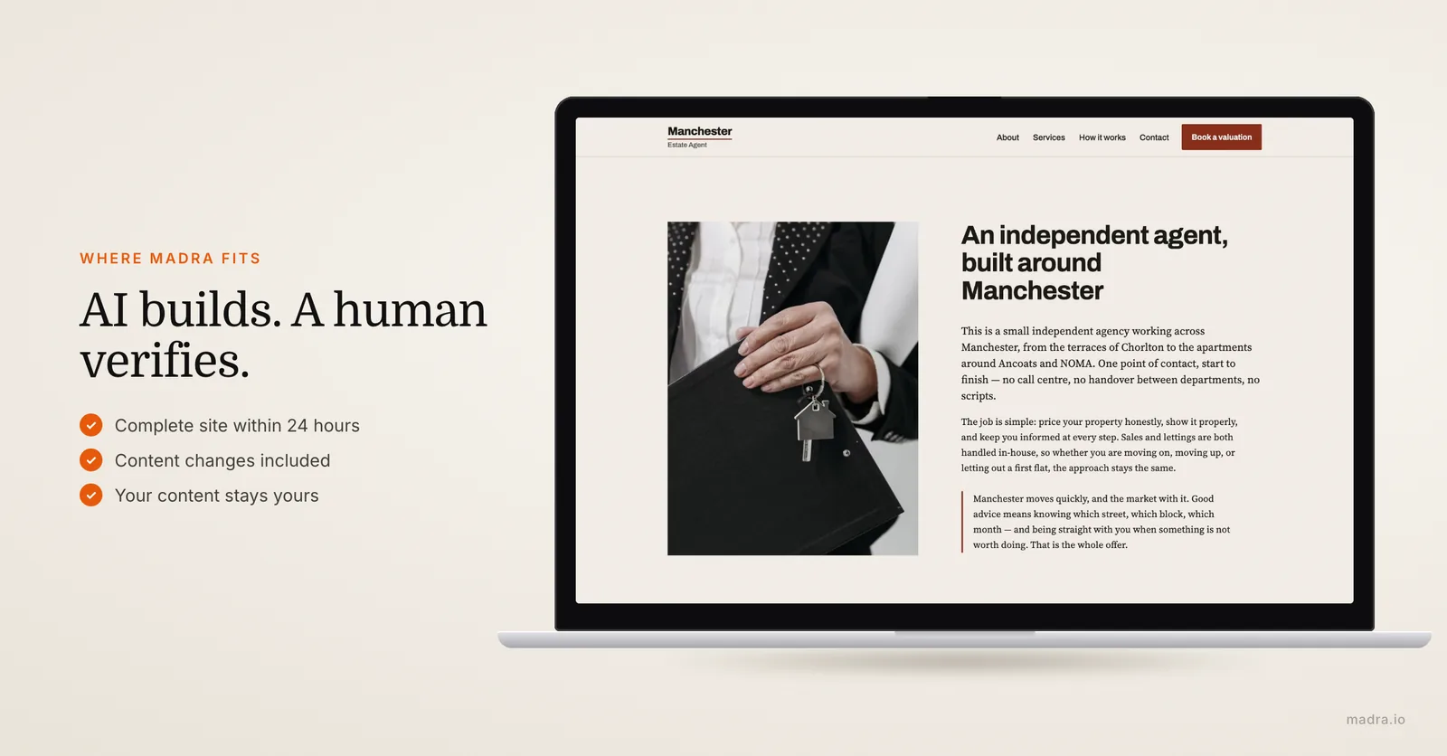 Estate agent website built by Madra on a laptop: AI builds the site, a human expert verifies it, live within 24 hours
