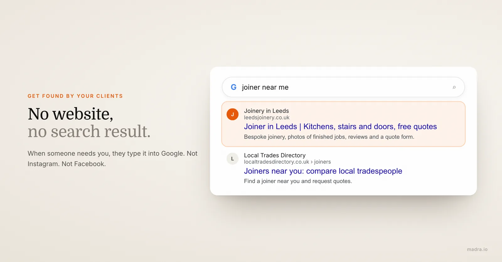 Simulated Google search for joiner near me: the local business with a website shows up, the one without does not