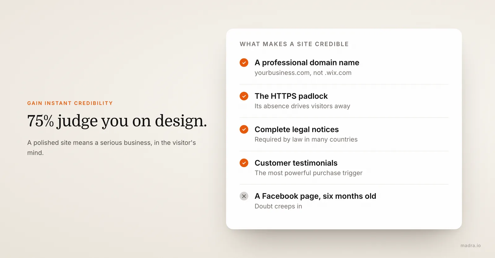 Credibility signals on a business website: professional domain name, HTTPS padlock, legal notices and customer testimonials