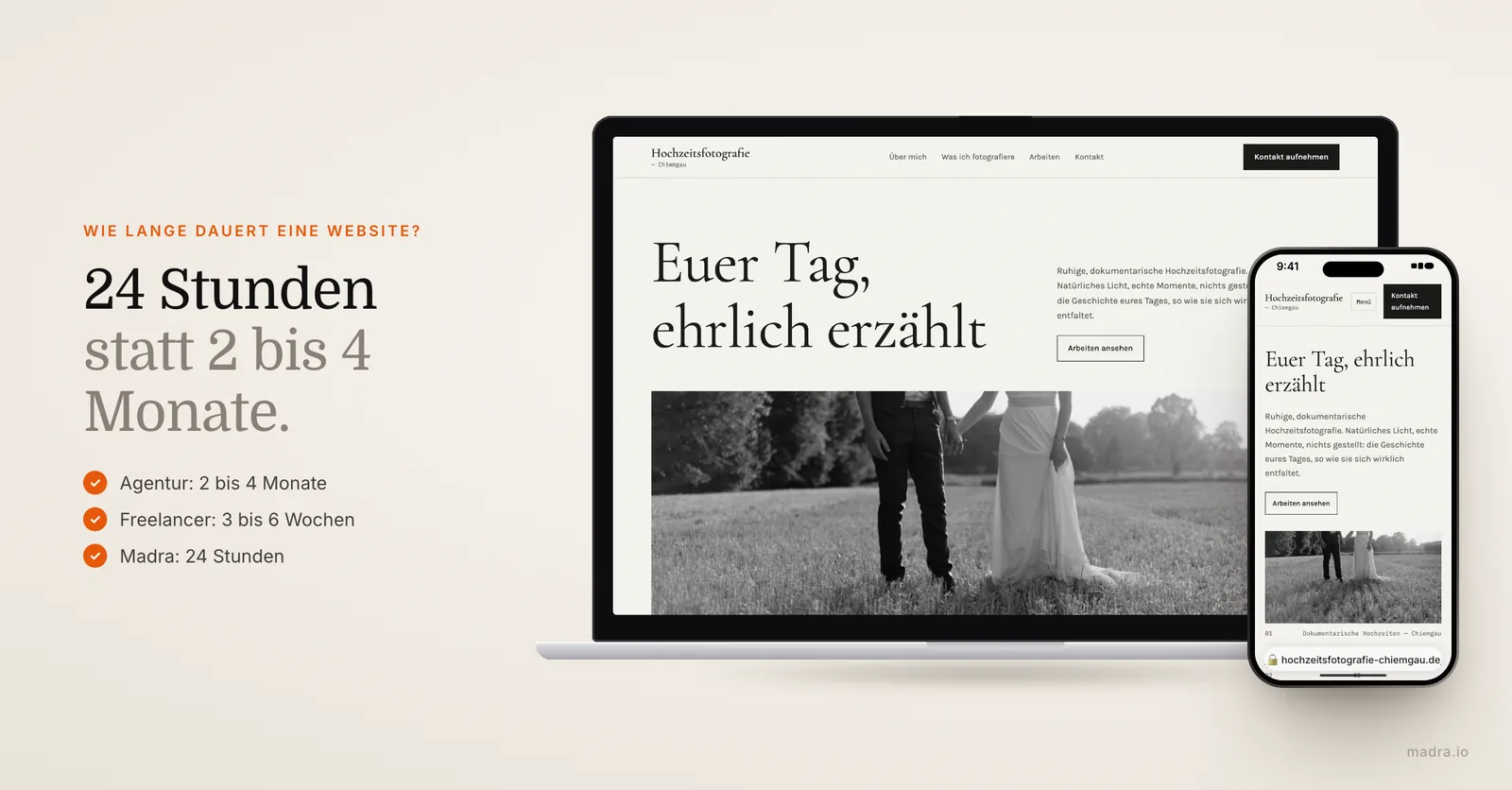 Website eines Hochzeitsfotografen aus Bayern auf Laptop und iPhone: Website in 24 Stunden statt in Wochen