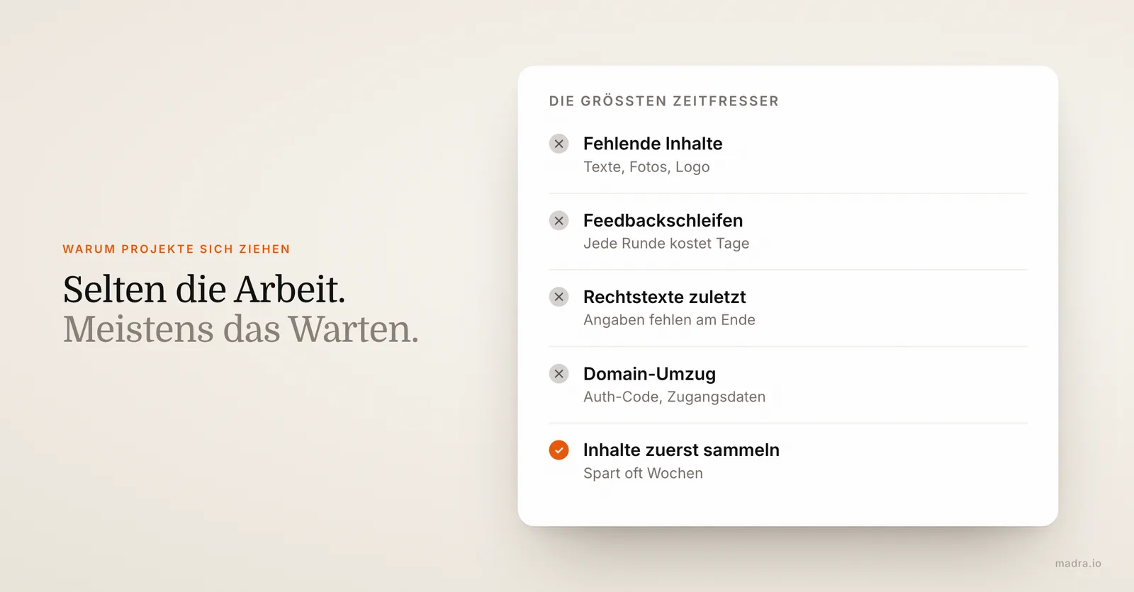 Die größten Zeitfresser bei der Website-Erstellung: fehlende Inhalte, Feedbackschleifen, Rechtstexte, Domain-Umzug