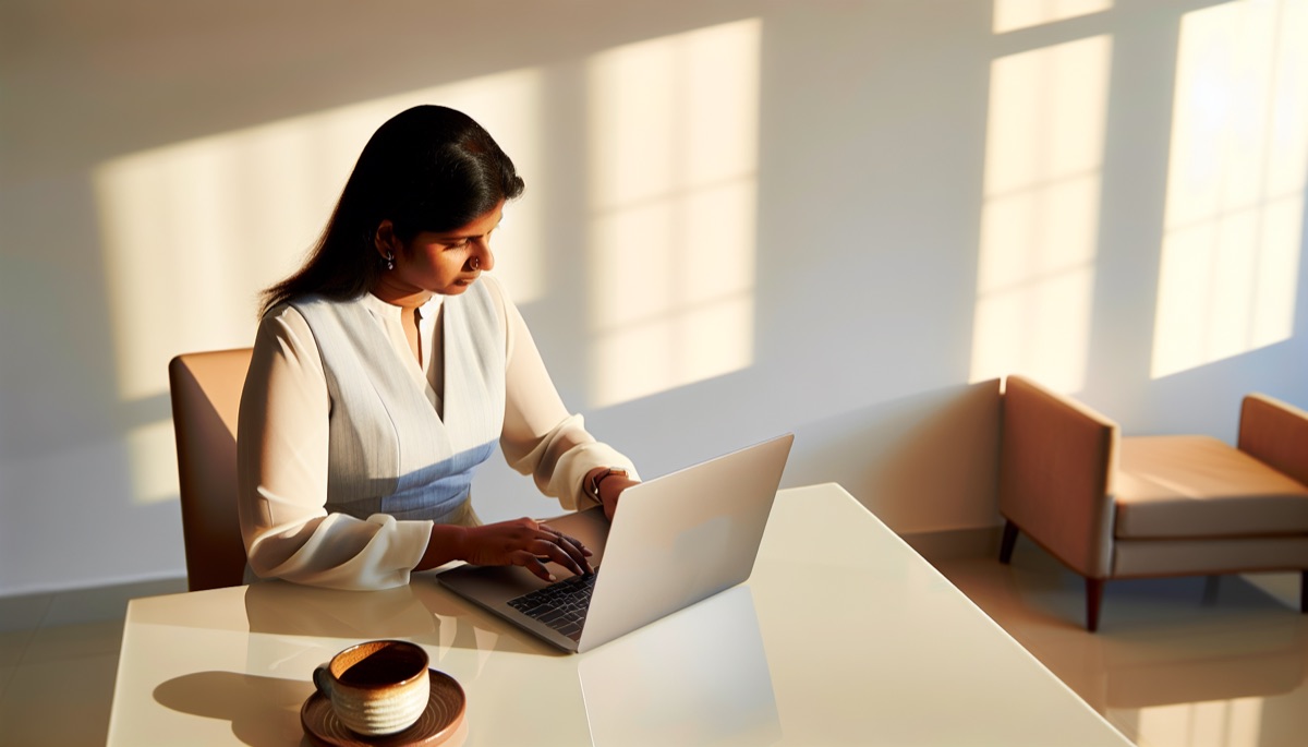 Femme travaillant sur un ordinateur portable avec une tasse de café
