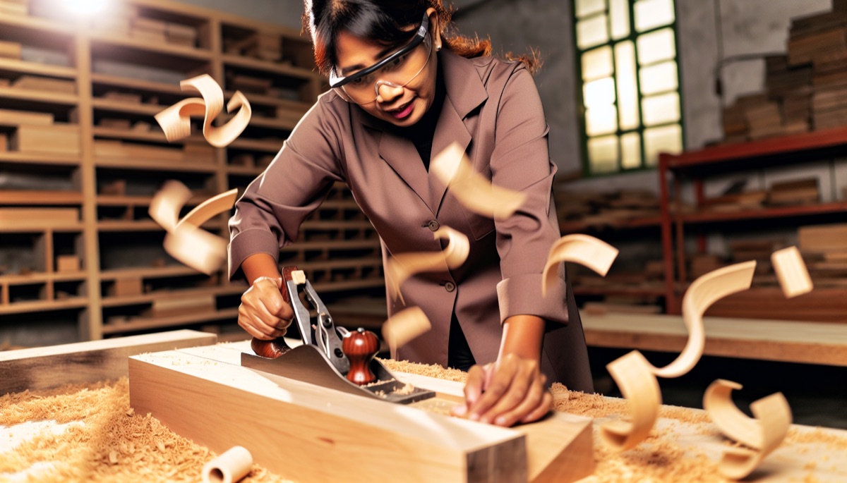 Artisan travaillant avec une scie sur table dans son atelier de menuiserie