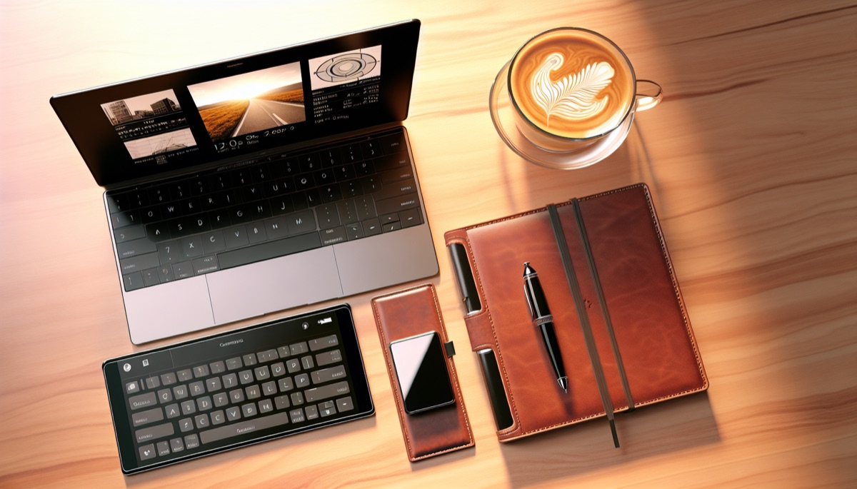 Bureau de freelance avec carnet et café, environnement de travail productif